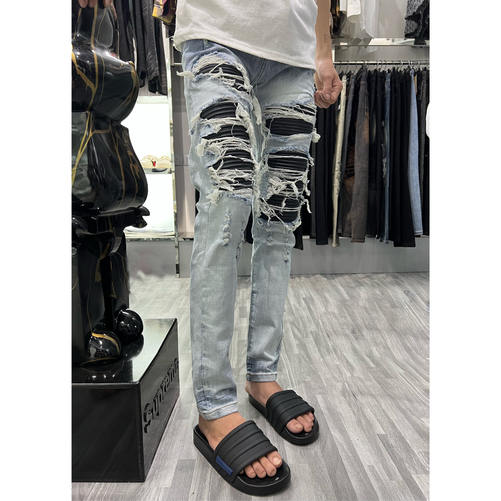 Quần amiri xanh trắng vá da đen cứng siêu cháy