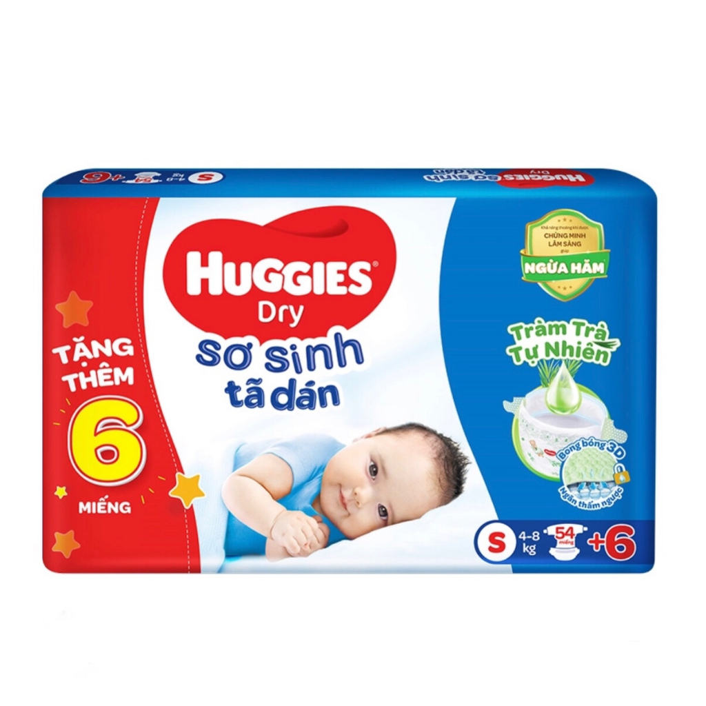 [Tặng Thêm 6 Miếng] Tã Dán Sơ Sinh Huggies Dry Size S - Gói 54 Miếng