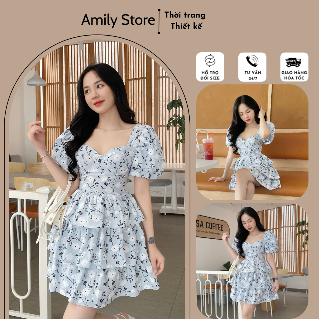 Đầm tiểu thư hoa xanh tay phồng cúp ngực có mút trong tôn dáng Amily Store V007