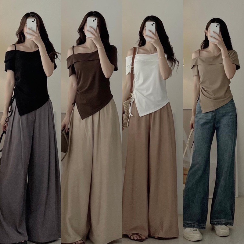 Áo thun tăm cộc tay lệch vai có dây rút  Hàn Quốc