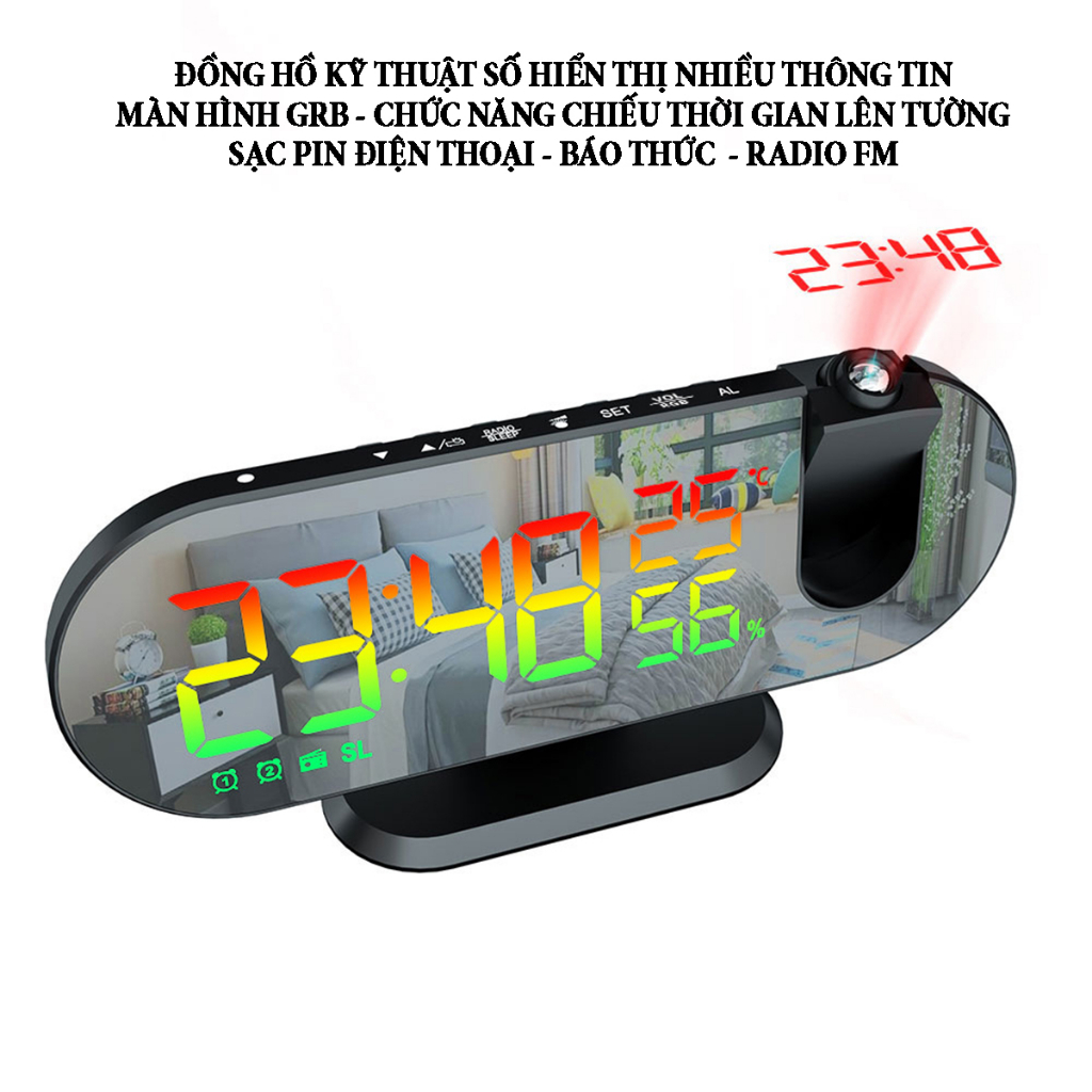 Đồng hồ kỹ thuật số hiển thị nhiều thông tin với màn hình led GRB chức năng chiếu thời gian lên tường, sạc pin, radio FM