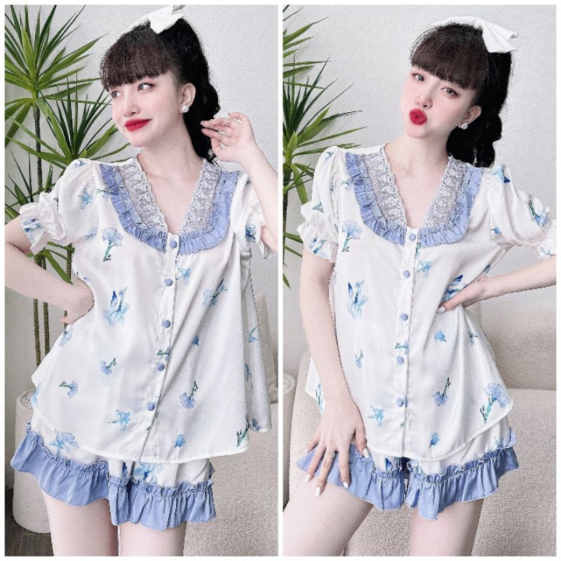 Đồ Bộ Pyjama tay ngắn quần đùi, Cổ Tim Viền Ren Bèo, Nút Bọc Vải, Bigsize