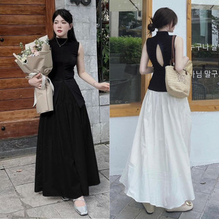 Set áo sát nách cổ cao khoét lưng + chân váy midi sang chảnh