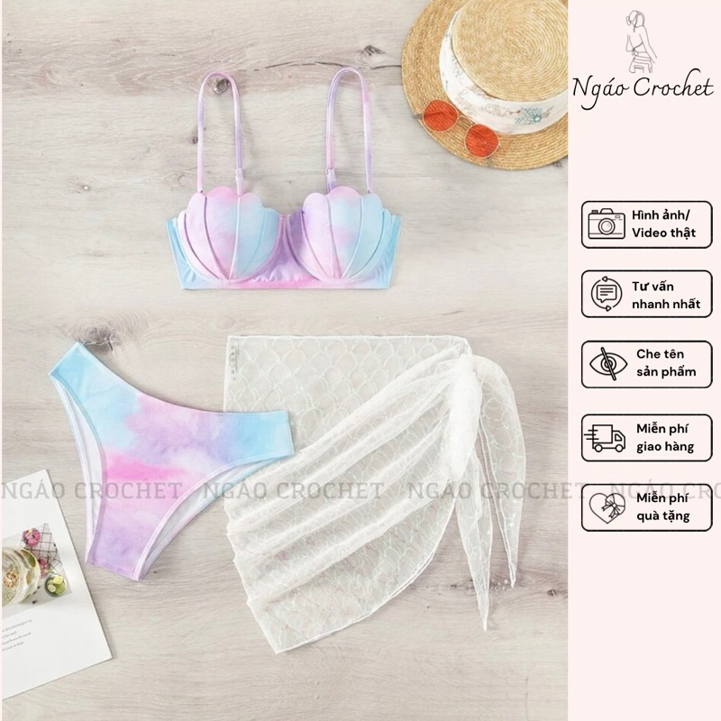 Set Bikini 3 Mảnh Sò Điệp Loang Màu, Bộ Bikini Nàng Tiên Cá Lấp Lánh, Áo Có Gọng Nâng Ngực Khăn Che Trong Suốt Bắt Sáng
