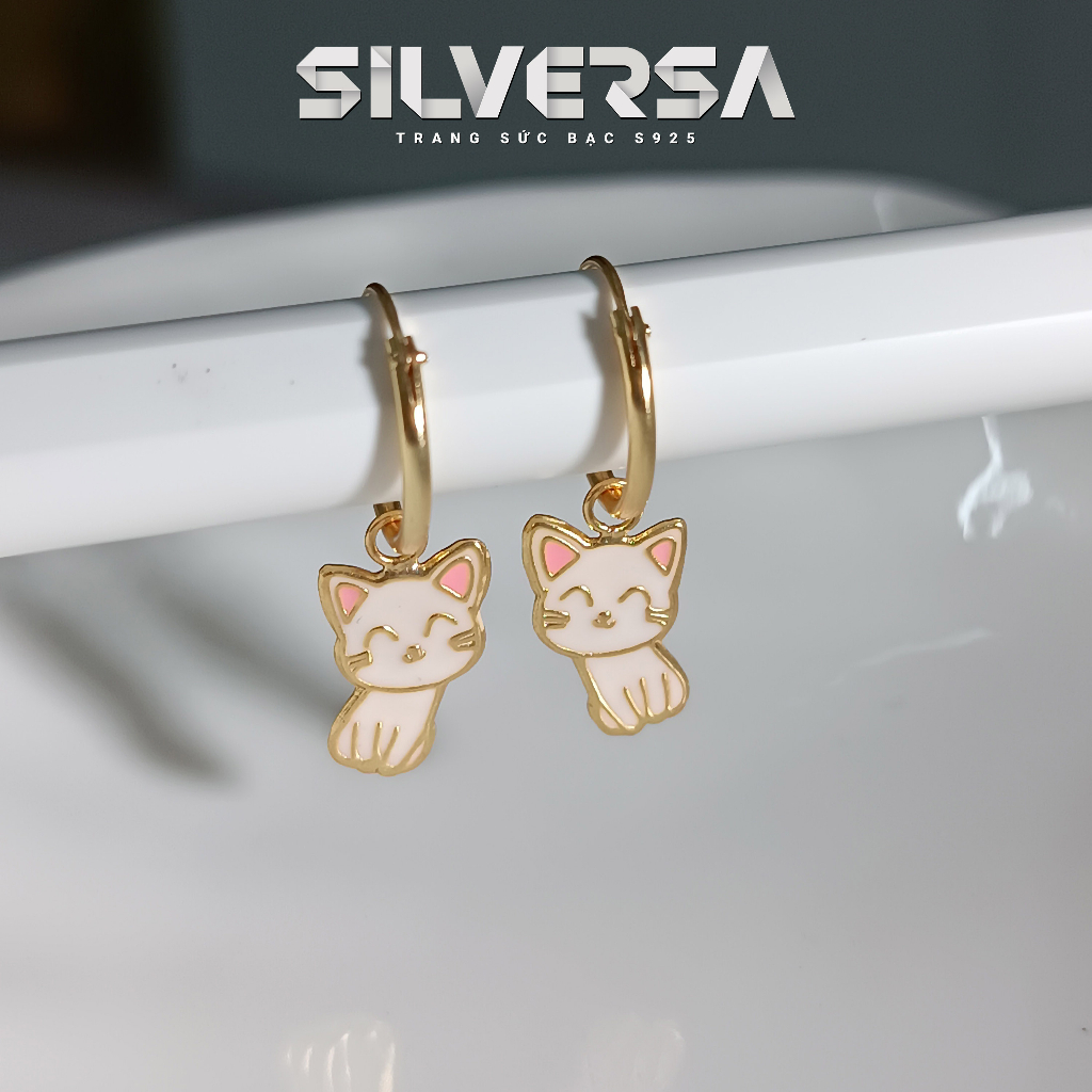 Bông Tai Mèo Xinh Cho Bé Gái Bạc 925 Thật Mạ Vàng 14k SILVERSA E24, Khuyên Tai Thả Hình Mèo Cute Cho Bé Gái