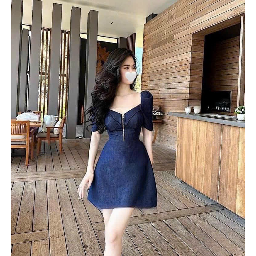 Đầm thời trang nữ mặc đi chơi chất jeans cứng chuẩn shop cổ vuông tim có dây kéo tay búp váy xoè mini chữ a màu xanh đậm