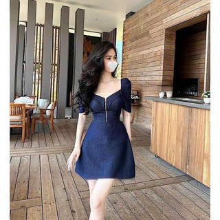 Đầm xu hướng dễ thương du lịch chất jeans cứng chuẩn shop cổ vuông tim có dây kéo tay búp váy xoè mini chữ a xanh đậm