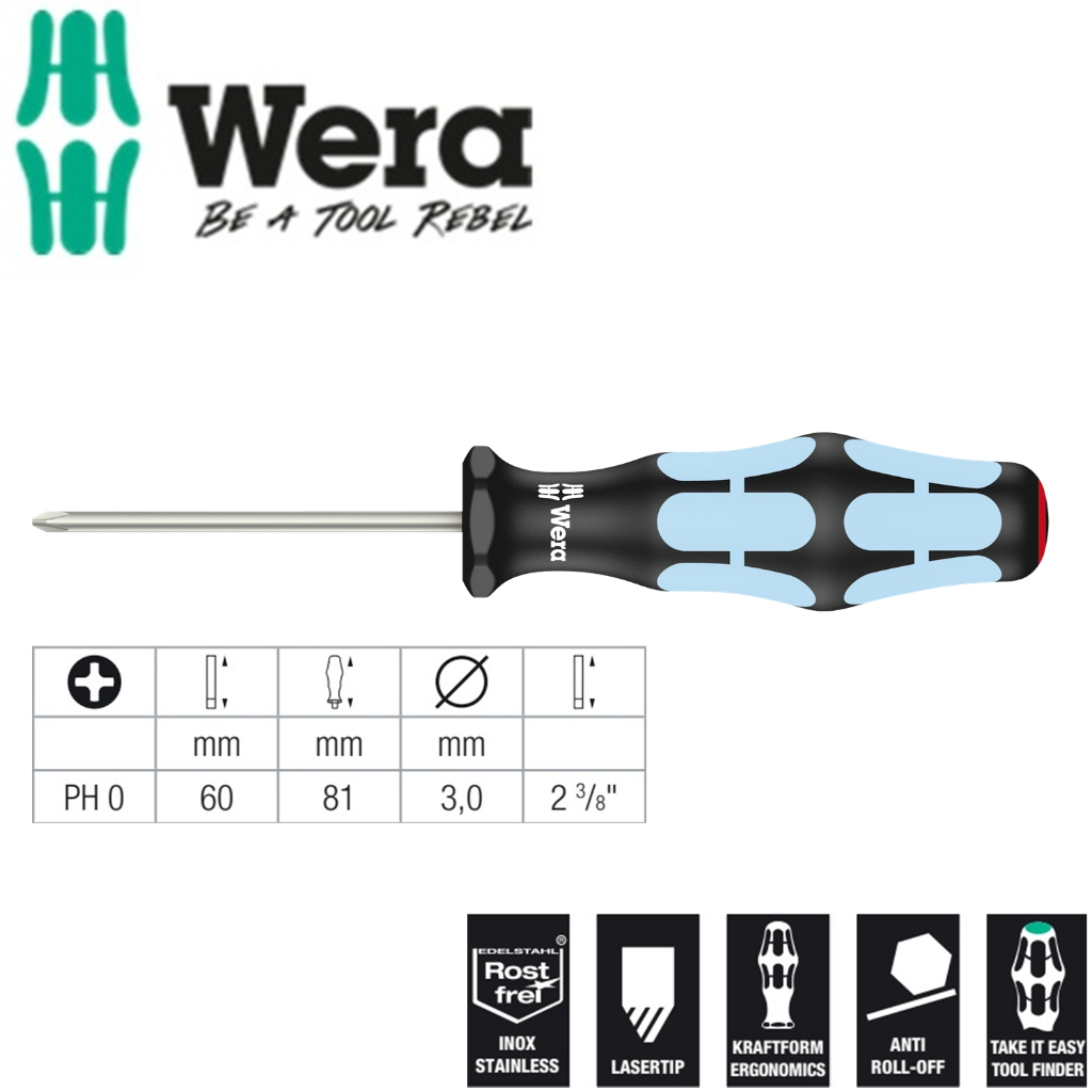 Tua vít thép không gỉ 4 cạnh Wera 05032020001 3350 PH 0 x 60 mm