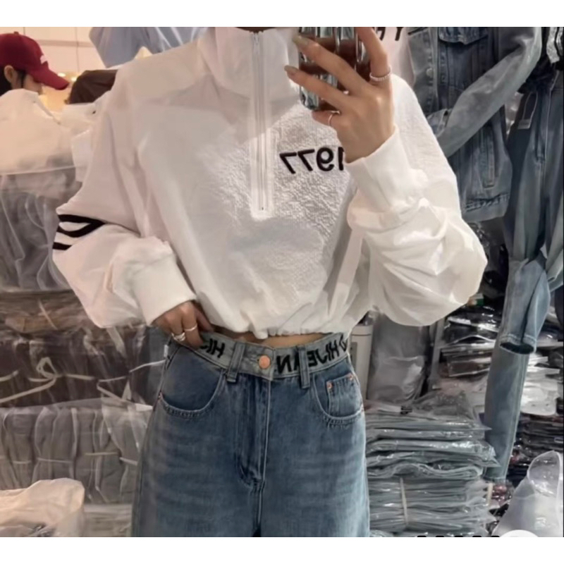 Áo khoác dù form lưng  Áo khoác lững chất dù gió hai lớp dày dặng hot trend có khoá kéo 3 sọc thêu chữ 1977