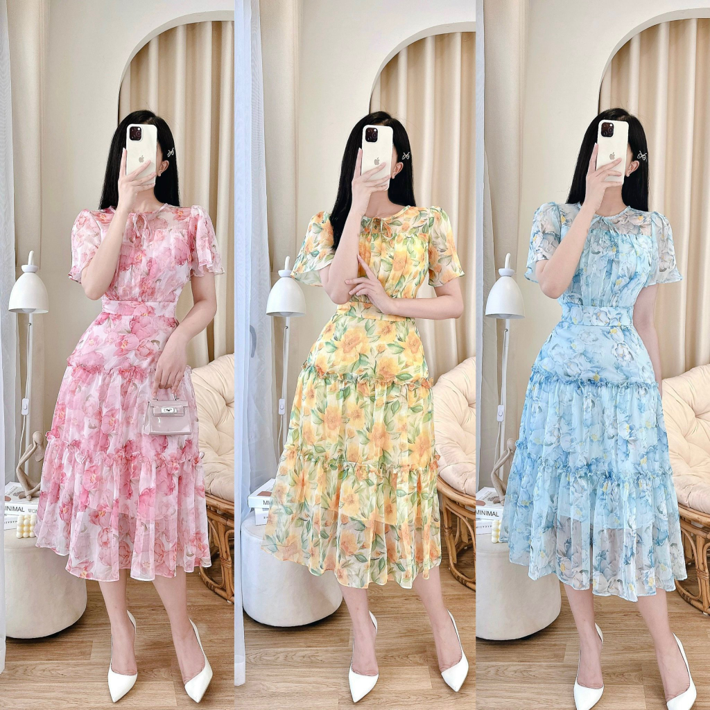 Váy hoa tơ cổ tròn 3 tầng