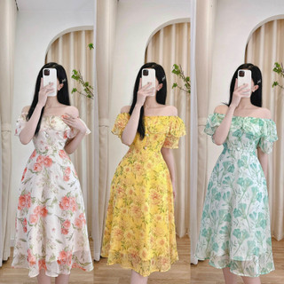 Váy tơ hoa trễ vai cúc bọc