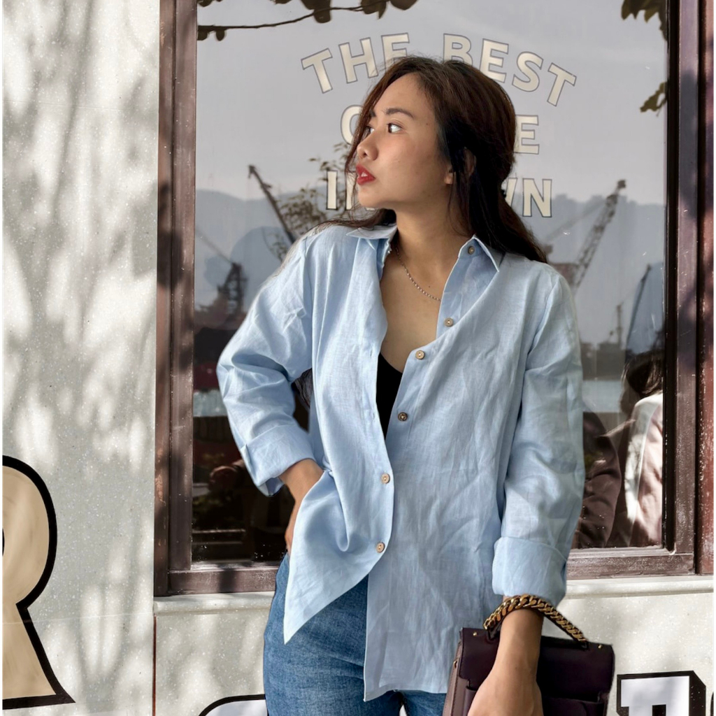 Áo sơ mi linen tưng washed tone lạnh - Mé Hè