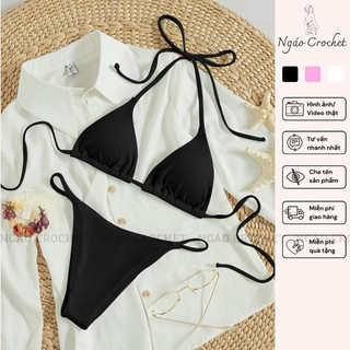 Set bikini mặc lót bên trong áo lưới - bộ bikini 2 mảnh tối giản mặc đi bơi đi biển màu đen, trắng, hồng, matcha