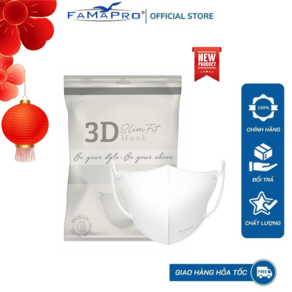 Khẩu trang y tế 3 lớp kháng khuẩn 3d Mask SlimFit Famapro cao cấp bịch 10 cái