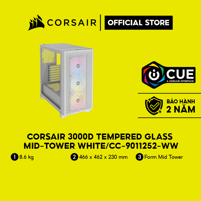 Vỏ máy tính Corsair 3000D Tempered Glass Mid-Tower, White/CC-9011252-WW