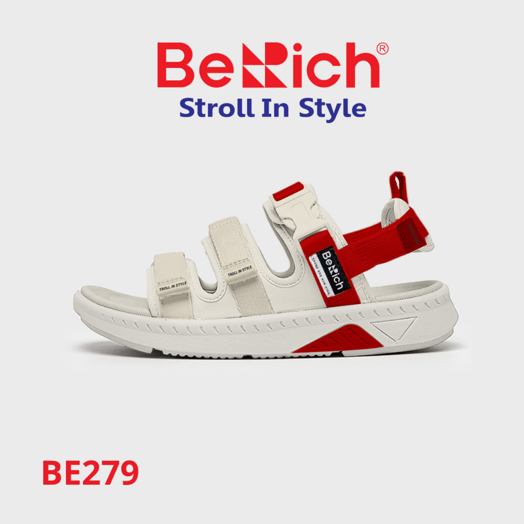Giày Sandal Nam Nữ Unisex BeRich BE279, 3 Quai Màu:Be Đỏ,Đế cao su đúc,rãnh răng cưa, chống trơn trượt