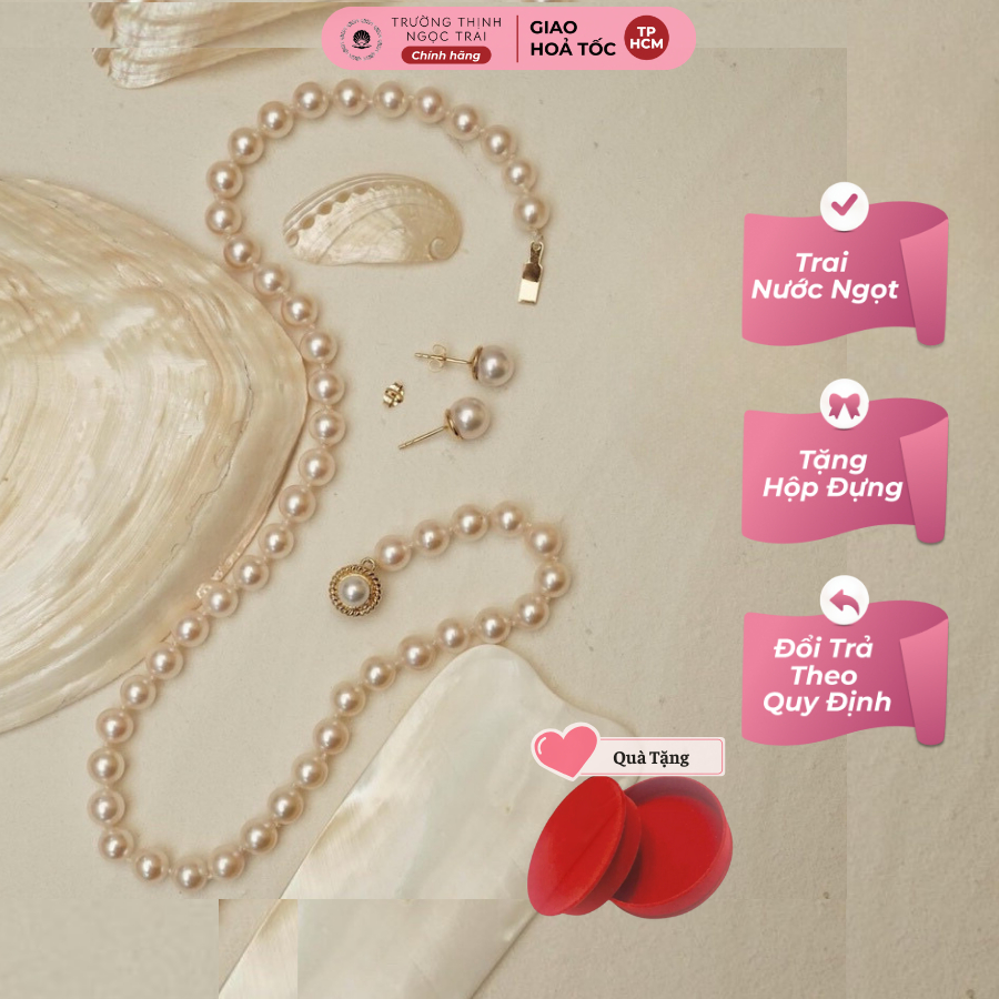 Bộ Trang Sức Ngọc Trai Phụ Kiện Bạc Mạ Vàng Độ Sáng 5A Hạt Tròn Đều - Ngọc Trai Trường Thịnh
