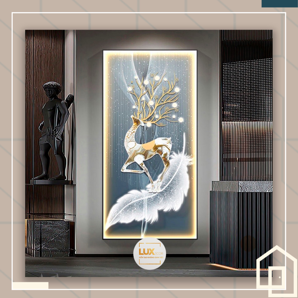 Tranh tráng gương có khung treo tường phòng khách hiện đại in hưu nai tài lộc decor đại sảnh lối vào LUX-HN
