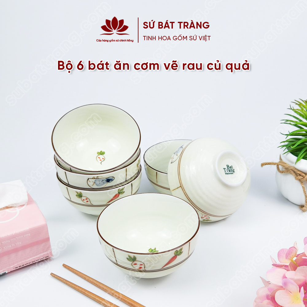 Bộ bát ăn cơm vẽ rau củ quả sứ Bát Tràng đẹp - Bộ 10 và 6 bát