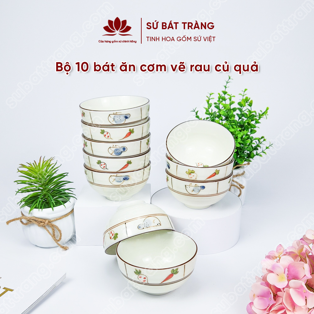 Bộ bát ăn cơm vẽ rau củ quả sứ Bát Tràng đẹp - Bộ 10 và 6 bát