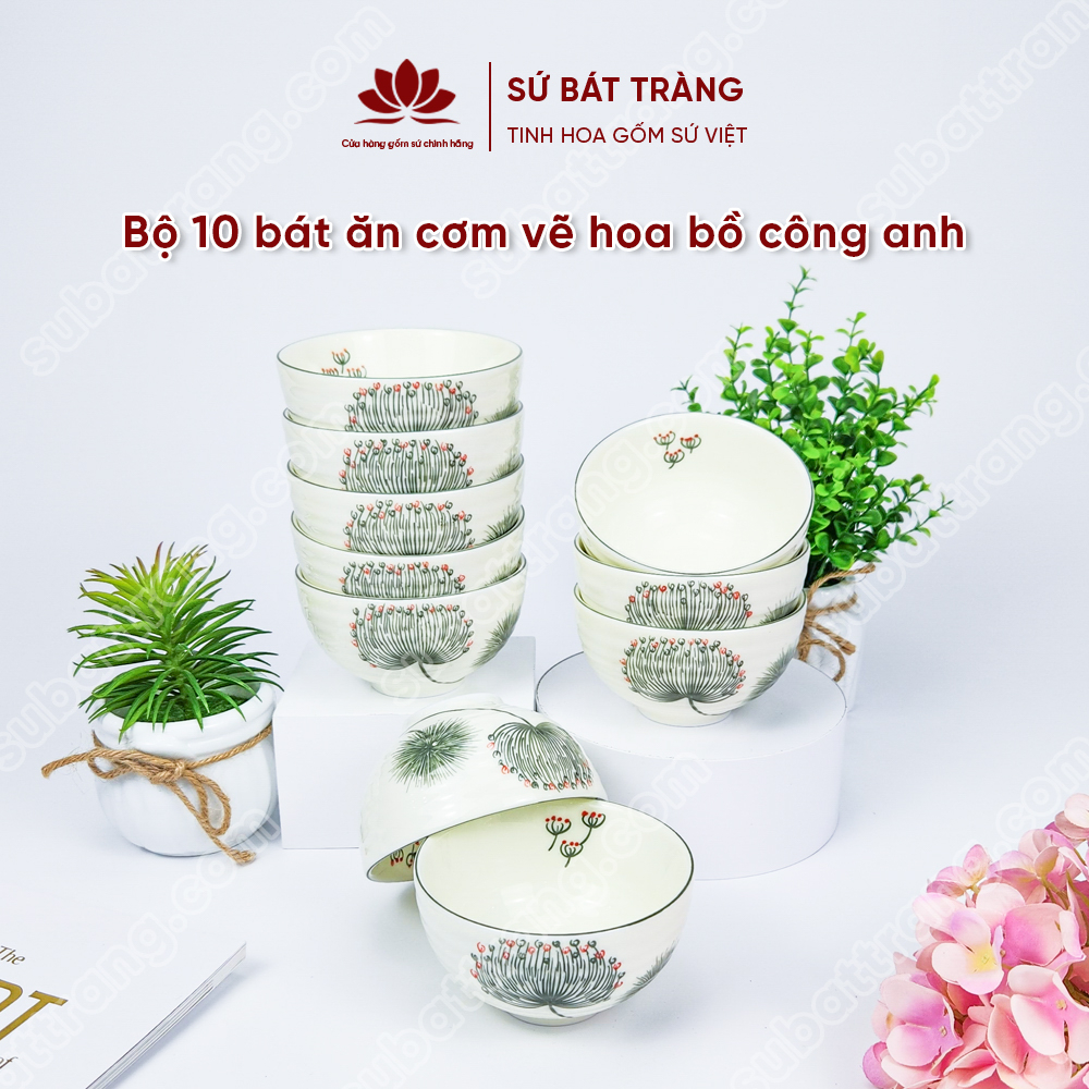 Bộ bát ăn cơm vẽ hoa bồ công anh sứ Bát Tràng đẹp - Bộ 10 và 6 bát
