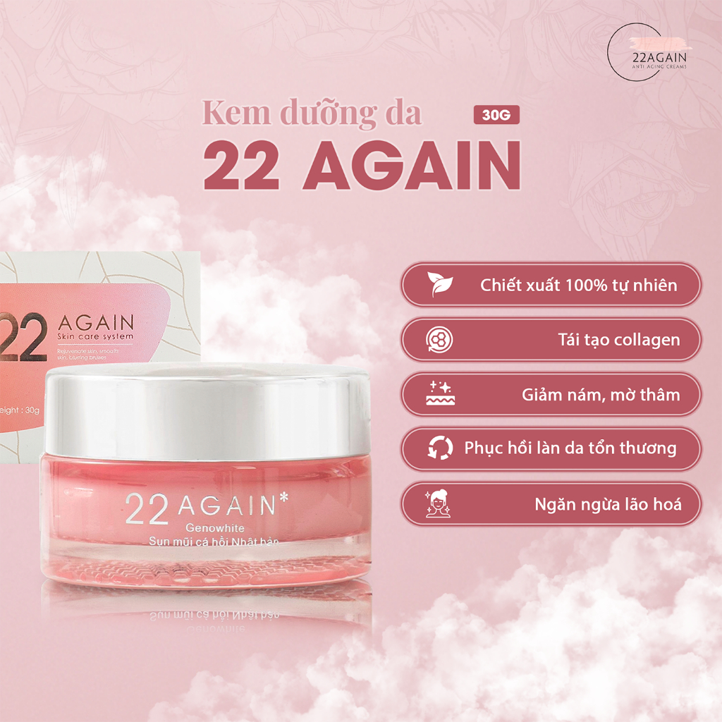 COMBO Kem Dưỡng Trắng Da Và Viên Sủi 22 AGAIN Giúp Tái Tạo Collagen, Ngăn Ngừa Lão Hoá, Mờ Nám, Phục Hồi Da - Hộp 30g