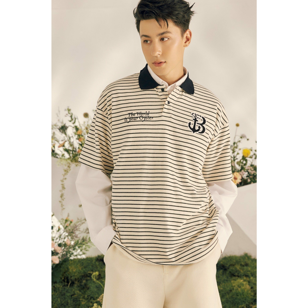 BLANKESPACE Áo Polo Tay Ngắn Nautical Polo Vải Cotton Thời Trang Nam Nữ Unisex