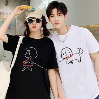 Áo cặp nam nữ, áo đôi với người yêu in hình bé gái dắt chó đáng yêu chất cotton thoáng mát không bong tróc