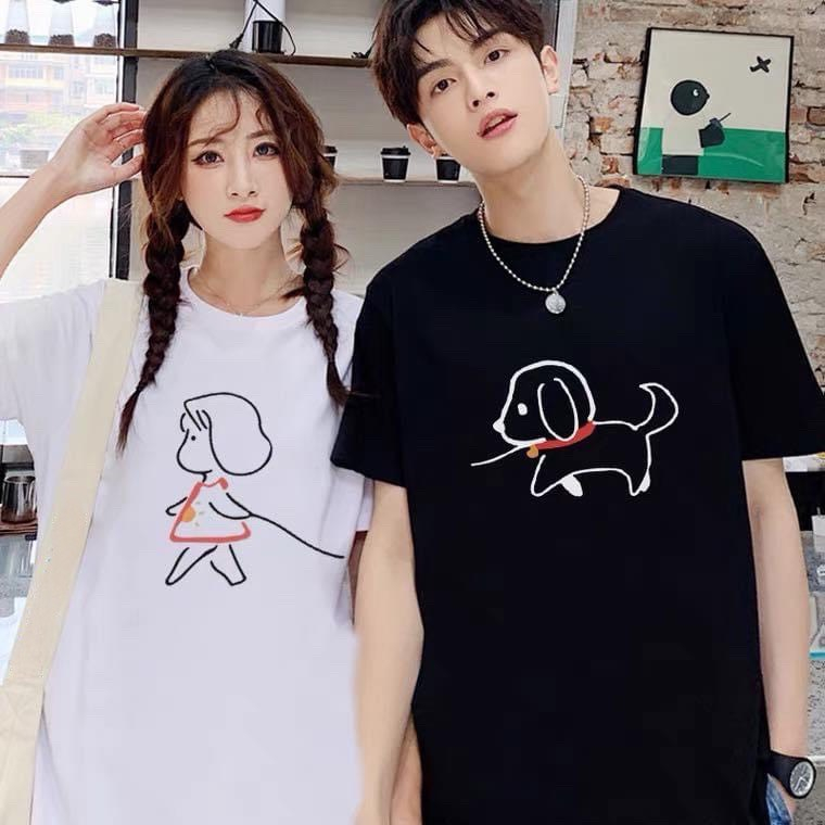 Áo cặp nam nữ, áo đôi với người yêu in hình bé gái dắt chó đáng yêu chất cotton thoáng mát không bong tróc