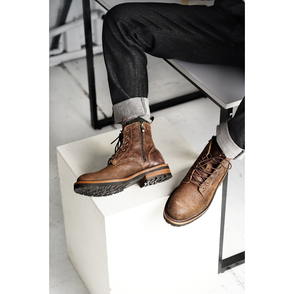 Giày nam cao cổ WOLVERINE ZIP màu nâu, boot nam phượt da bò sáp siêu bền TONKIN