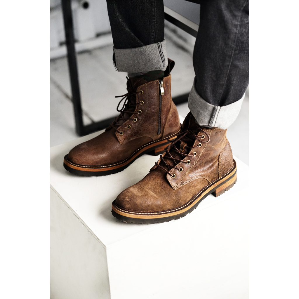 Giày nam cao cổ WOLVERINE ZIP màu nâu, boot nam phượt da bò sáp siêu bền TONKIN