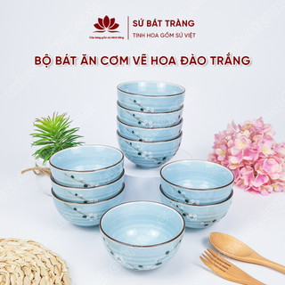 Bộ bát ăn cơm vẽ hoa đào trắng sứ Bát Tràng đẹp - Bộ 10 và 6 bát