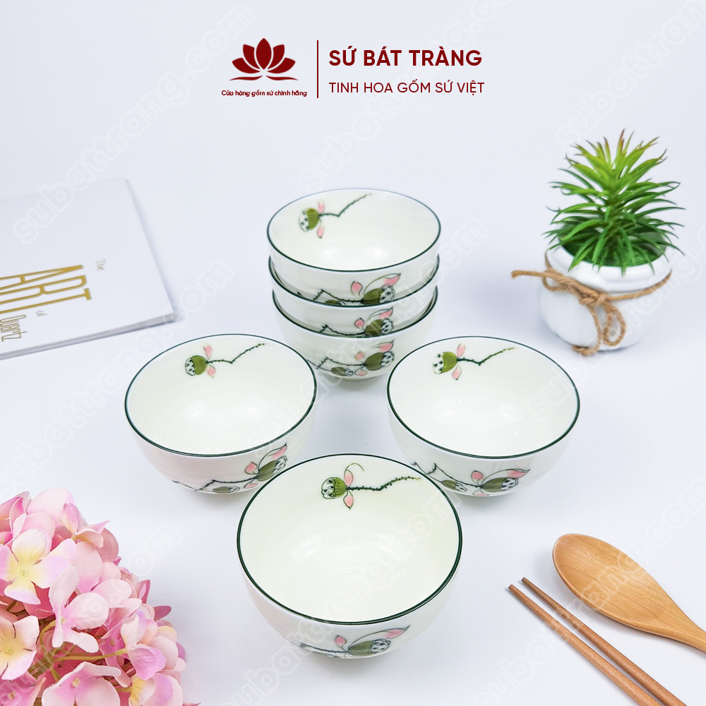 Bộ bát ăn cơm vẽ đài sen sứ Bát Tràng đẹp - Bộ 10 và 6 bát