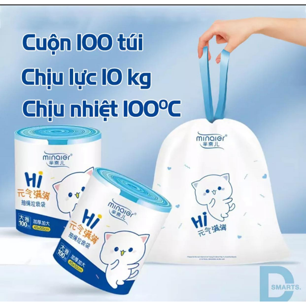Cuộn 100 Túi Đựng Rác Có Dây Rút Minaier Loại Siêu Dày Dai Chắc Chắn, Túi Đựng Rác Chống Rò Rỉ Nước.