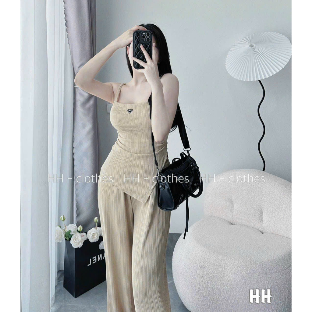 Set Bộ Thun Tăm Áo Hai Dây Vạt Nhọn Mix Quần Dài Ống Rộng Sang Chảnh Cho Nữ Đi Chơi Dạo Phố