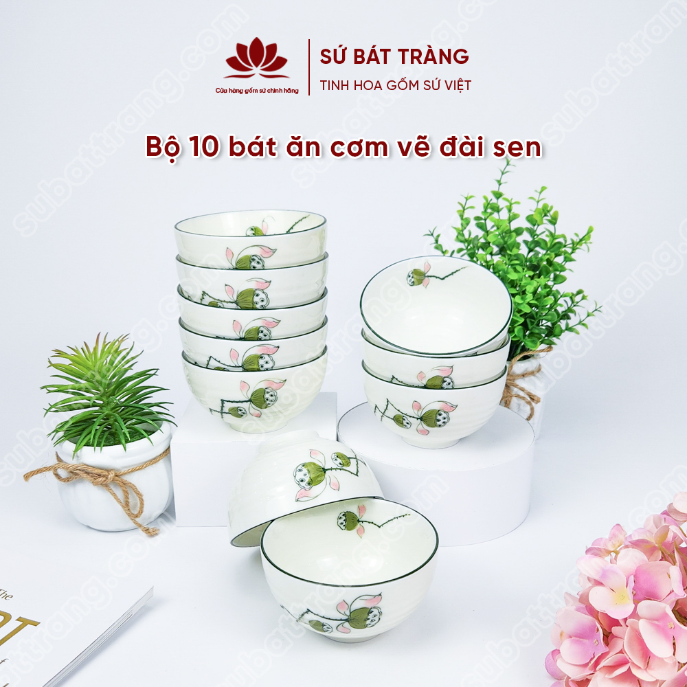 Bộ bát ăn cơm vẽ đài sen sứ Bát Tràng đẹp - Bộ 10 và 6 bát