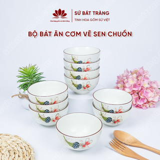 Bộ bát ăn cơm vẽ sen chuồn sứ Bát Tràng đẹp - Bộ 10 và 6 bát