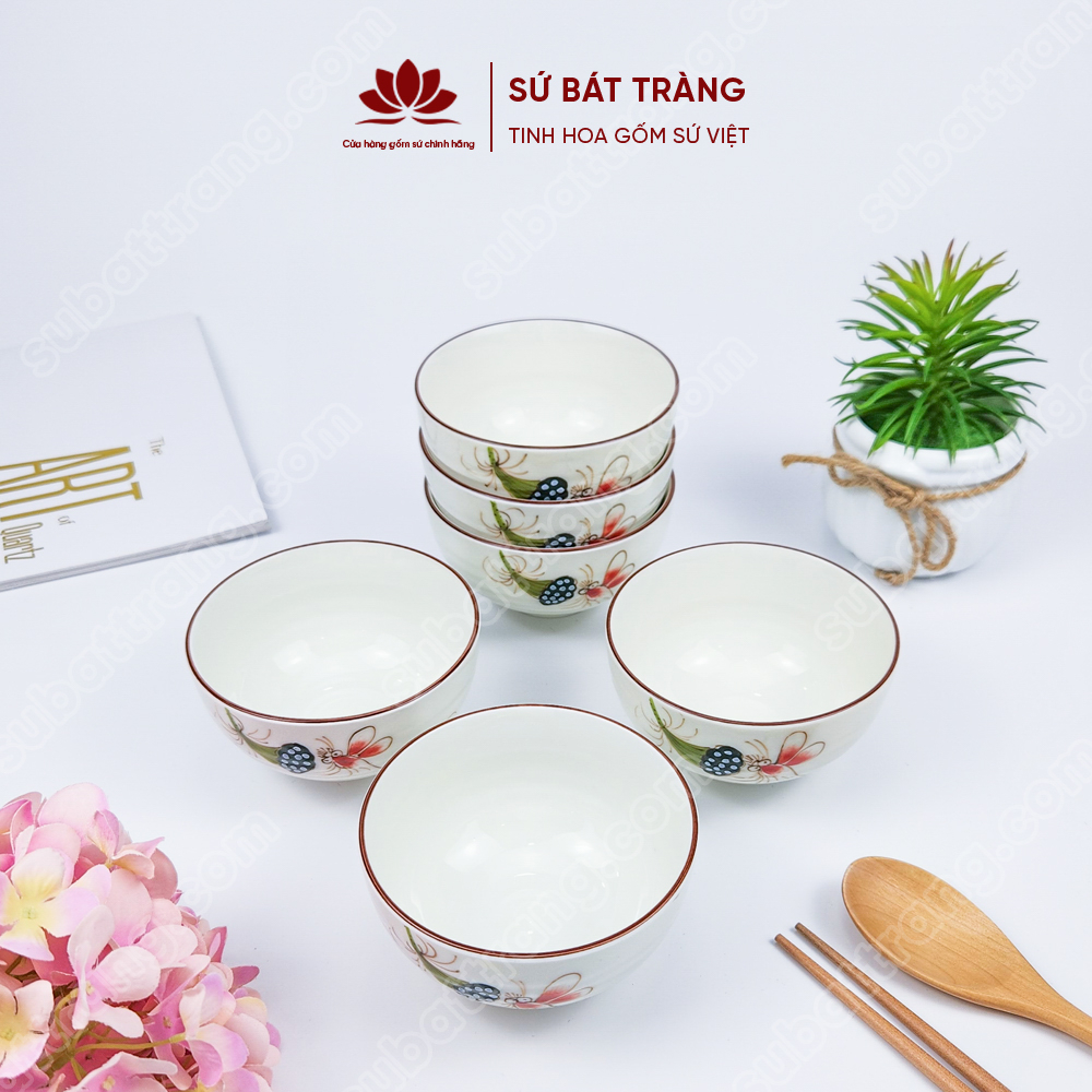 Bộ bát ăn cơm vẽ sen chuồn sứ Bát Tràng đẹp - Bộ 10 và 6 bát