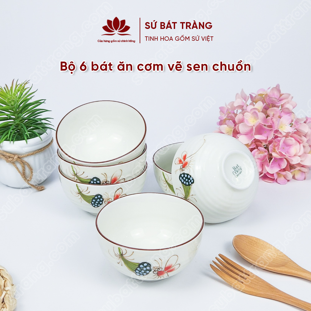 Bộ bát ăn cơm vẽ sen chuồn sứ Bát Tràng đẹp - Bộ 10 và 6 bát