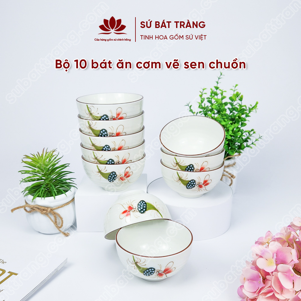 Bộ bát ăn cơm vẽ sen chuồn sứ Bát Tràng đẹp - Bộ 10 và 6 bát