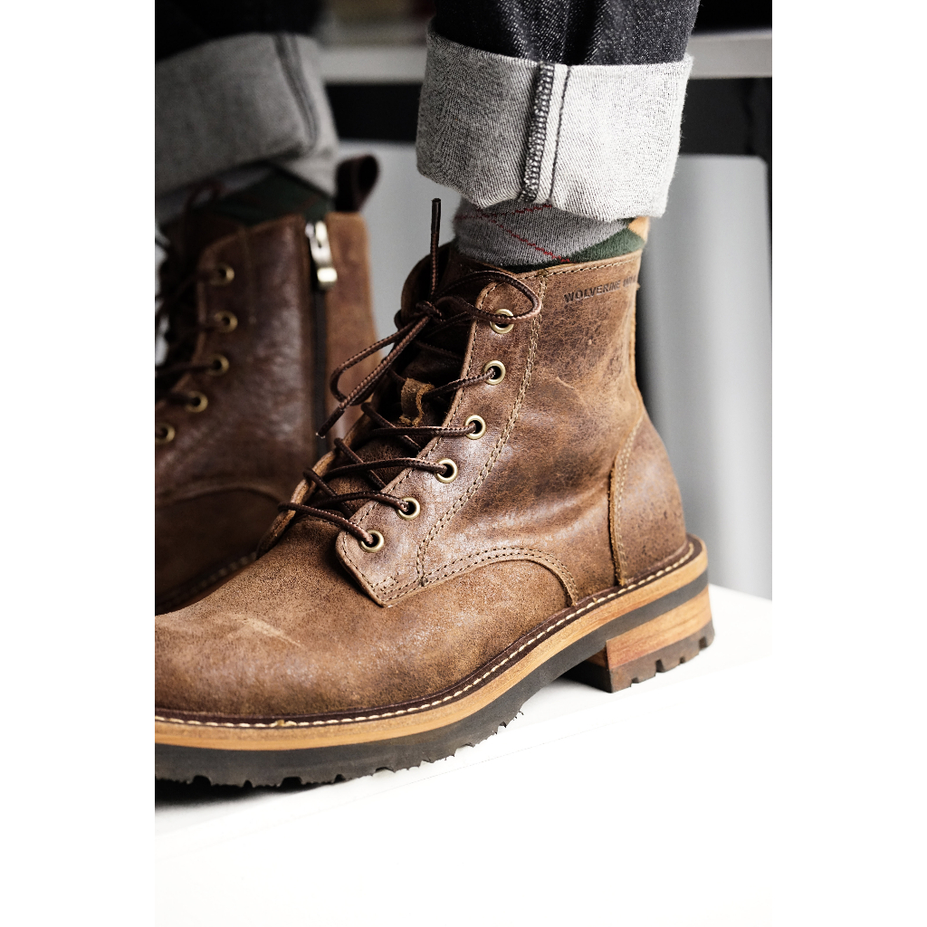 Giày nam cao cổ WOLVERINE ZIP màu nâu, boot nam phượt da bò sáp siêu bền TONKIN