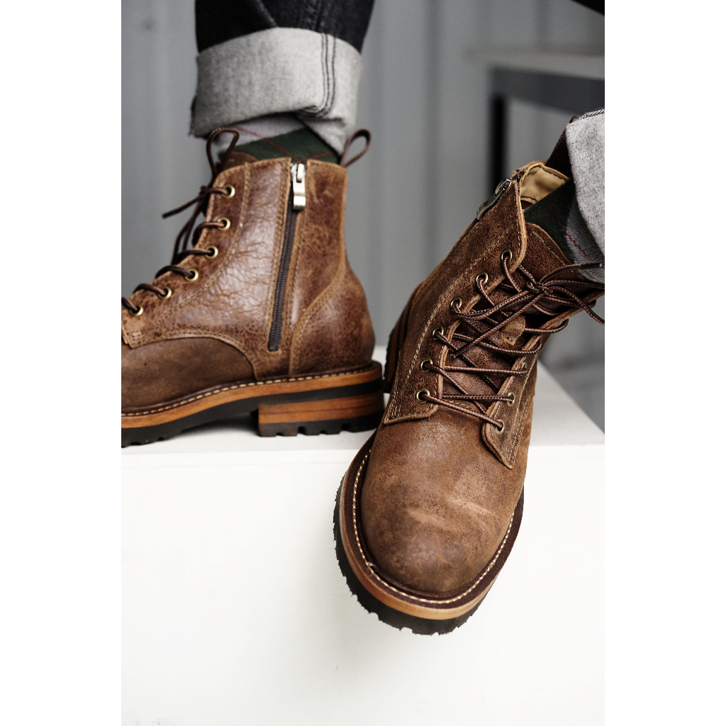 Giày nam cao cổ WOLVERINE ZIP màu nâu, boot nam phượt da bò sáp siêu bền TONKIN