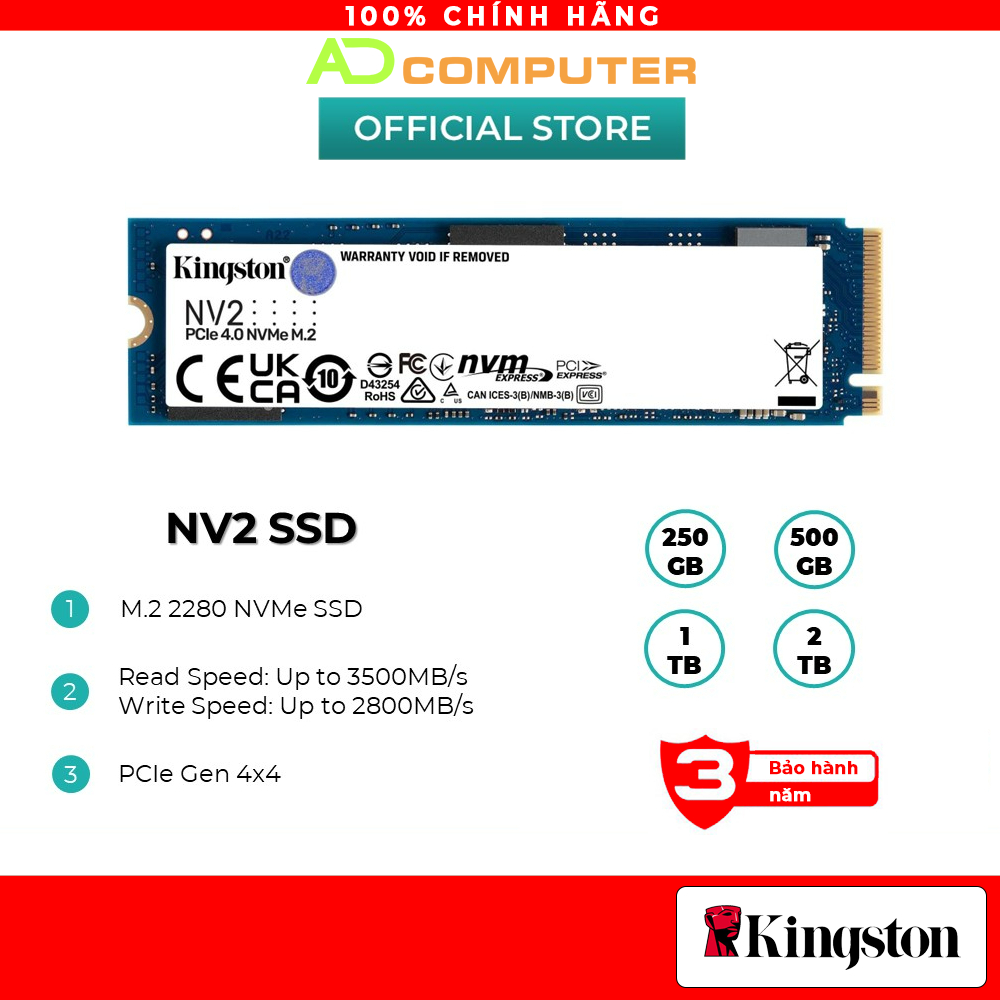 Ổ cứng SSD Kingston NV2 NVMe Gen 4x4 PCIe 4.0 M.2 tốc độ đọc/ghi lên tới 3.500/2.800 MB/giây - Hàng chính hãng