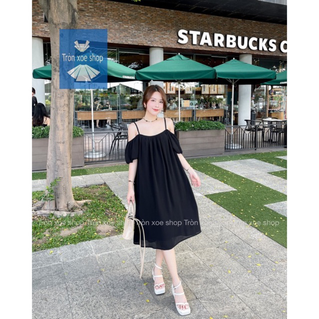 Váy đầm trễ vai babydoll bầu mặc được sọc tằm hàn vải mát không nhăn lót dày bên trong mẫu thật cận vải Tròn Xoe Shop