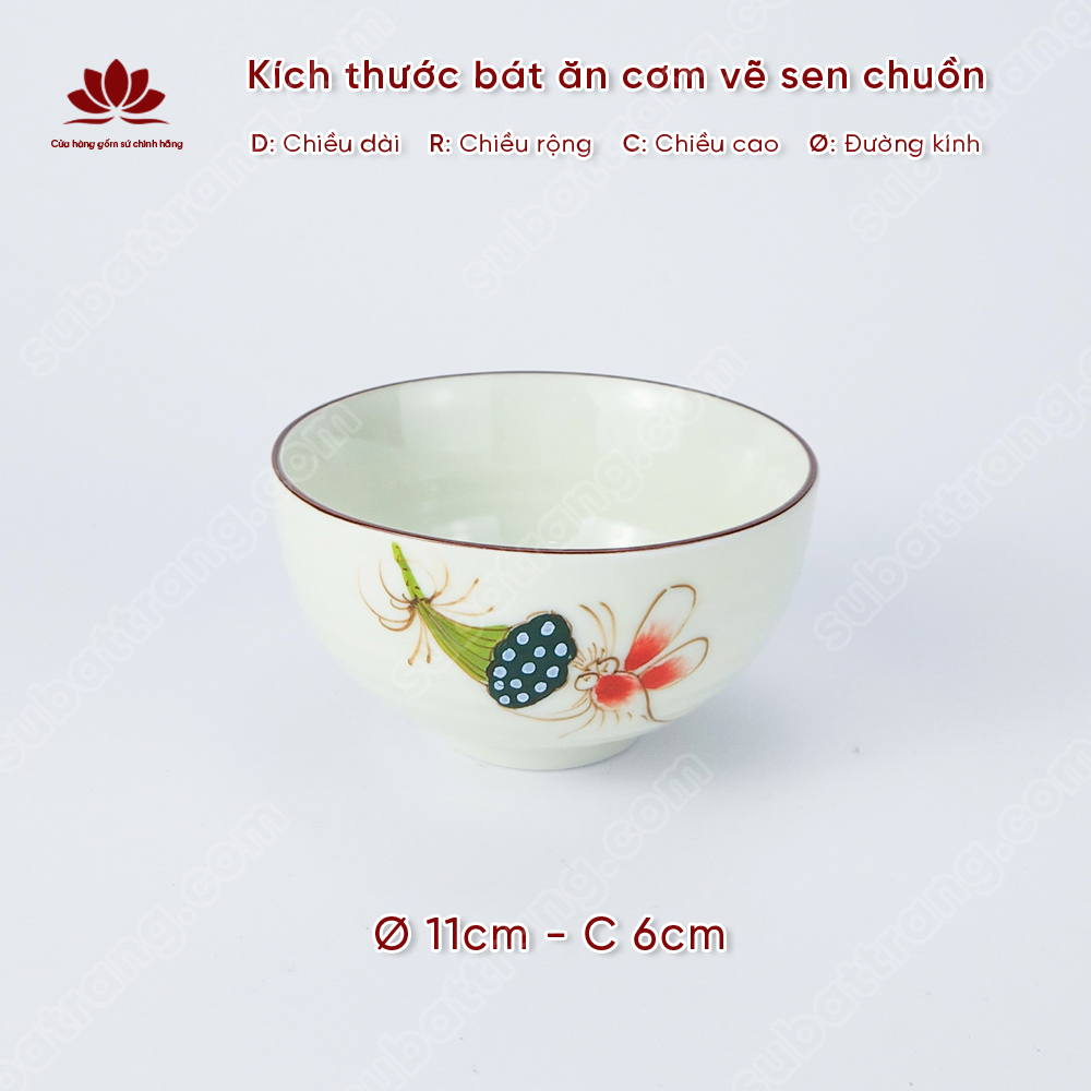 Bộ bát ăn cơm vẽ sen chuồn sứ Bát Tràng đẹp - Bộ 10 và 6 bát