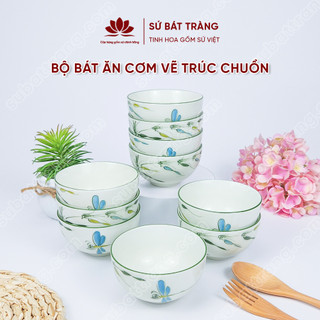 Bộ bát ăn cơm vẽ trúc chuồn sứ Bát Tràng đẹp - Bộ 10 và 6 bát