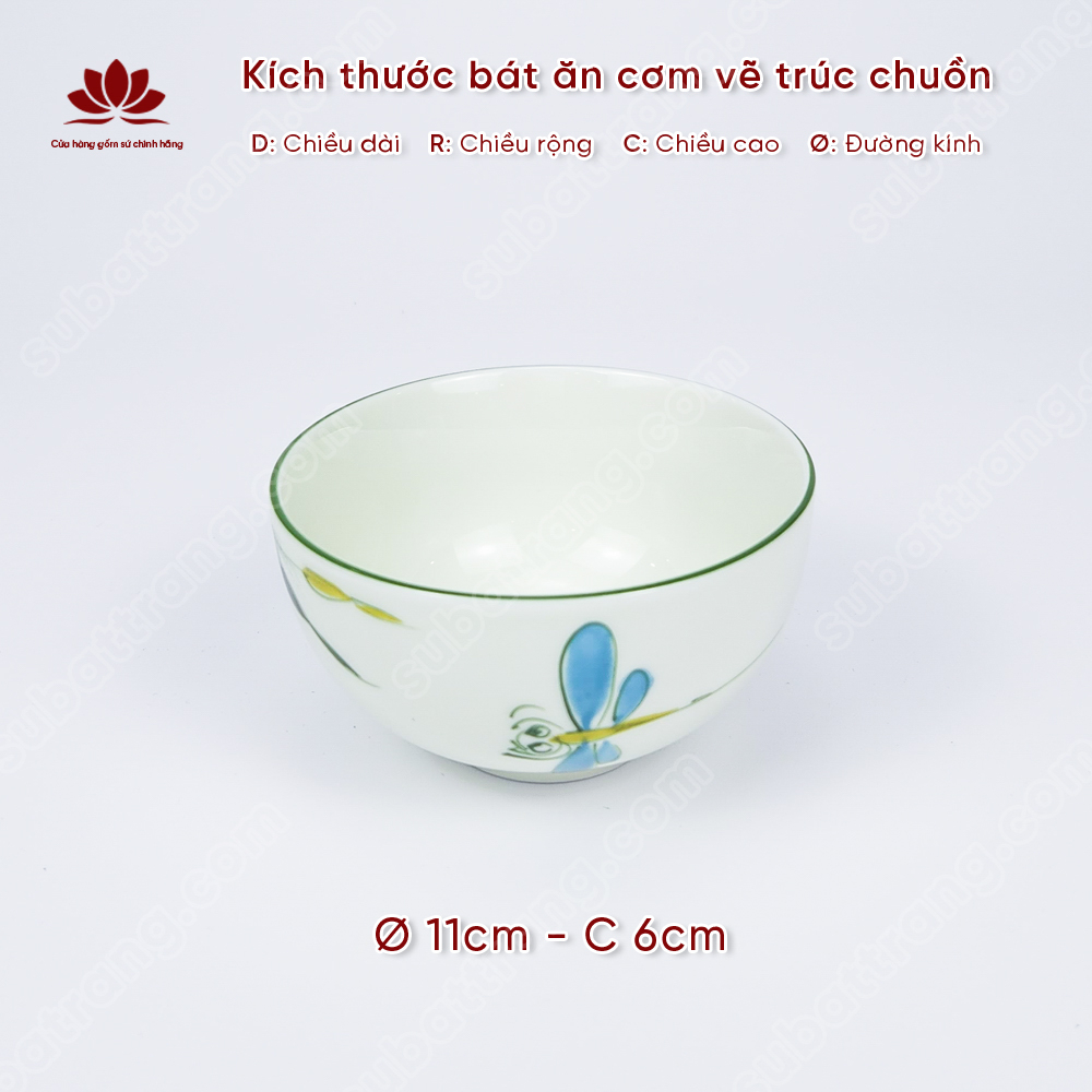 Bộ bát ăn cơm vẽ trúc chuồn sứ Bát Tràng đẹp - Bộ 10 và 6 bát