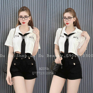 Áo sơ mi ngắn kiểu nữ có phối cavat màu đen kxt0059