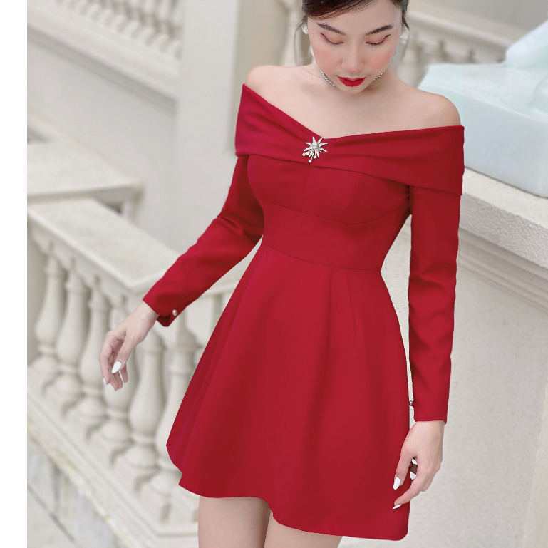 Váy Eli Drees Đỏ Trễ Vai Dài Tay Hàng Thiết Kế Giới Hạn Chất Liệu Panting Cao Cấp