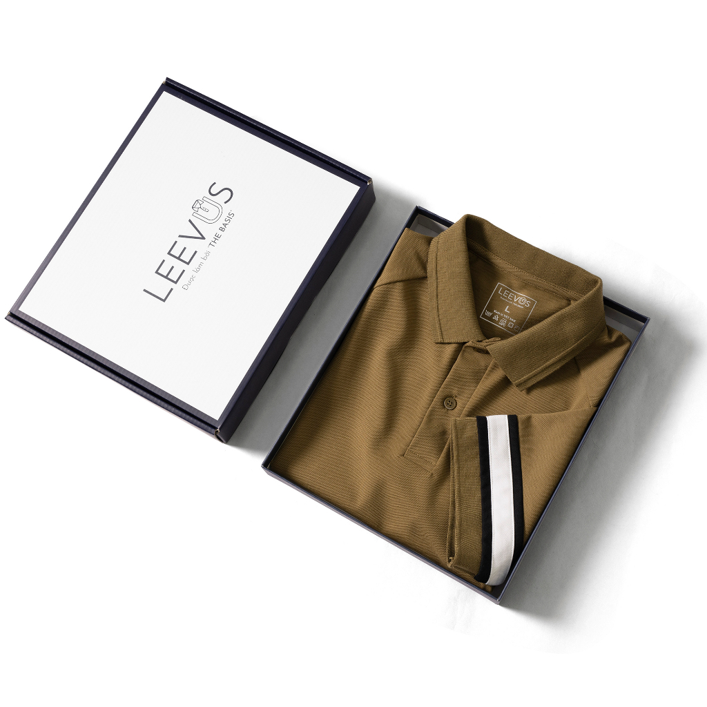 Áo Polo nam LEEVUS FREND tông nâu, phối tay, vải CVC cá sấu, form regular APL305